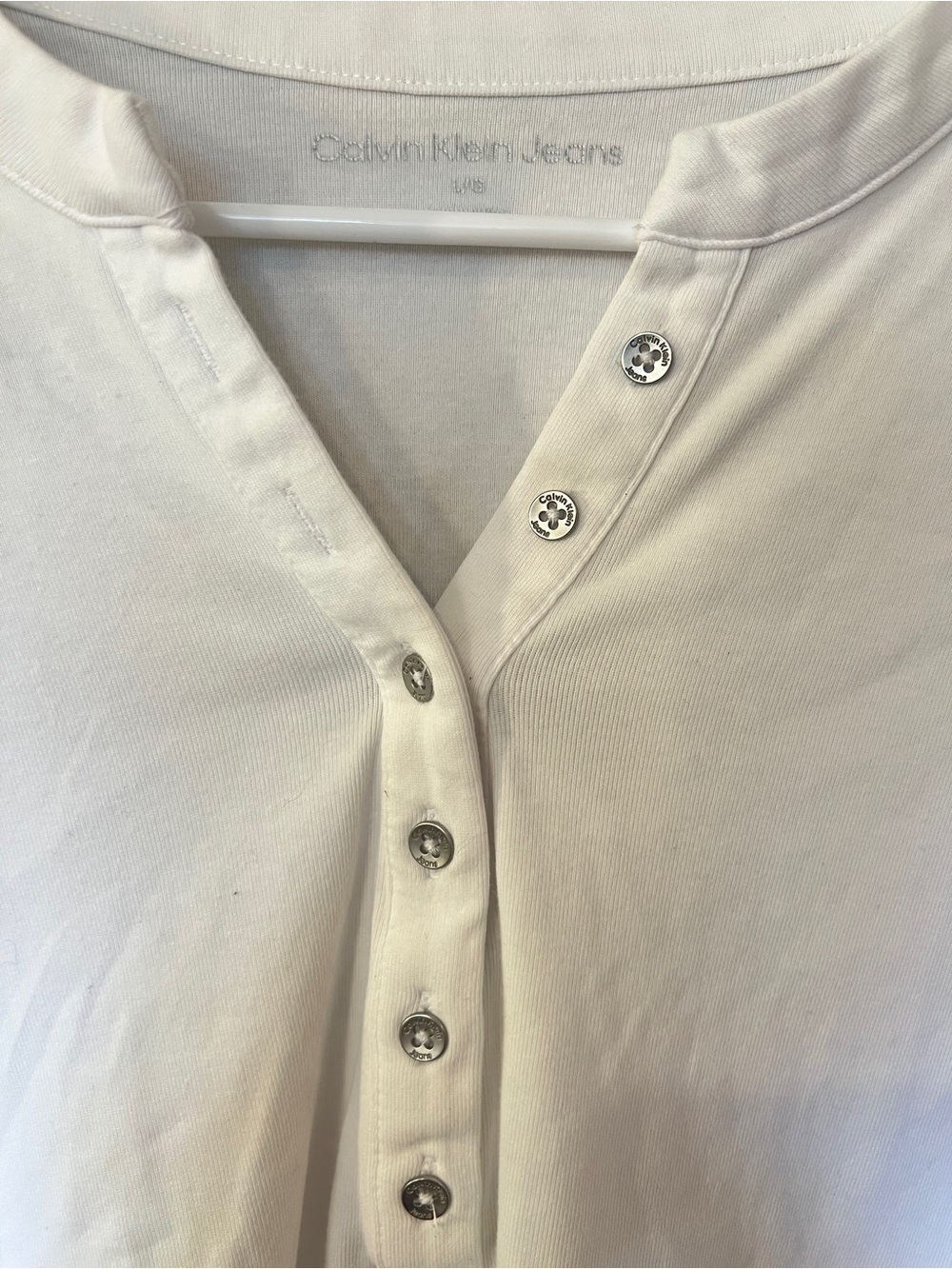 Calvin Klein Jeans White Henley Tee Short Sleeve Stretch Top L - Picture 3 of 8